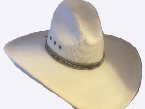 A Fine Sahuayo Palm Gus Crown 1000X Natural Straw cowboy hat on a white background.