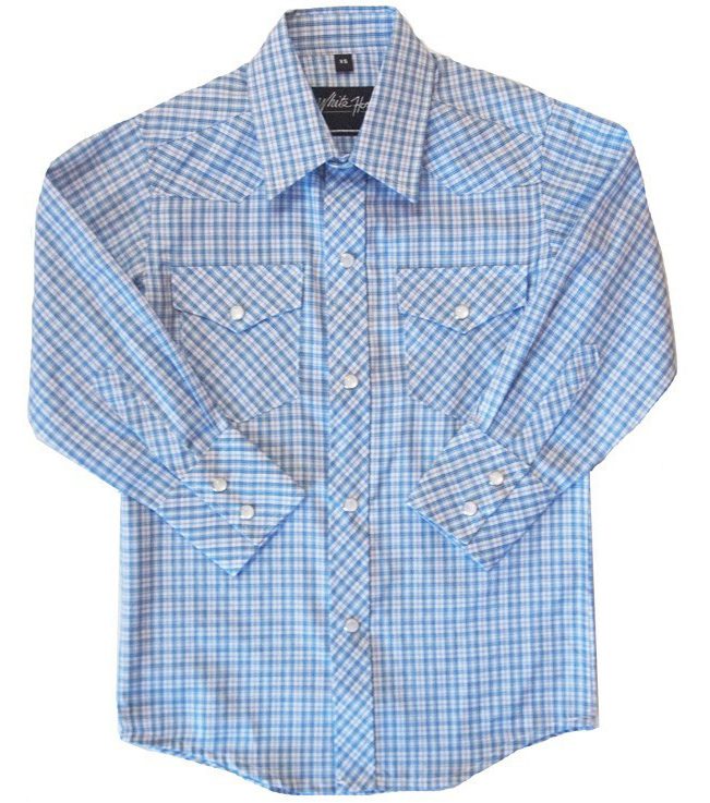 A blue and white plaid shirt on a white background.