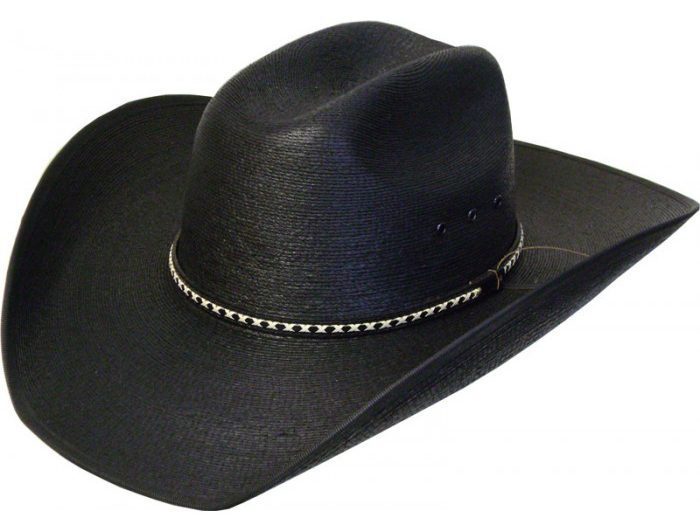 A Fine Sahuayo Palm Truman 1000X Black Straw Cowboy Hat on a white background.