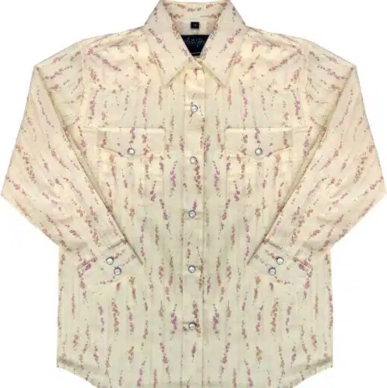 A Pink Floral Striped Kids Western Shirt with pink flowers on it.
