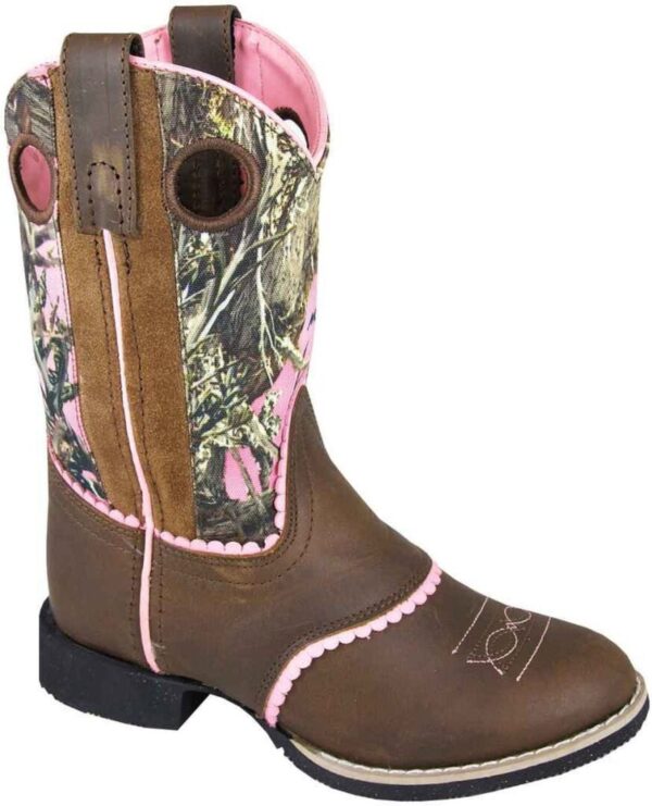 A pair of Size 6.5 Youth True Timber Pink Camo Cowgirl Boots in brown and pink.