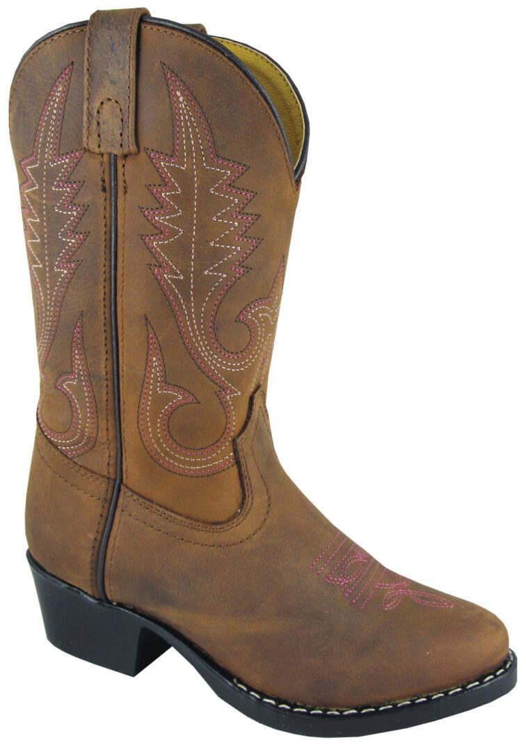 Girls pink stitch distressed brown cowboy boots
