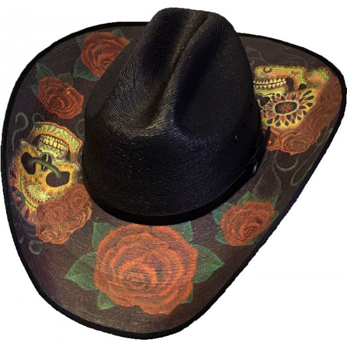 Sahuayo Sugar Skulls Black Straw Cowboy Hat Product Image