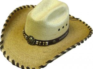 A Guata Palm Leather Whip Stitch straw cowboy hat with a beaded band.