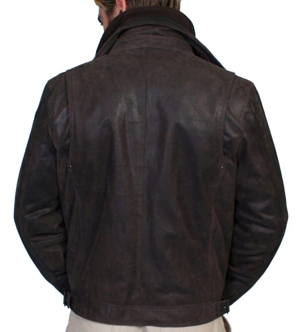 The back view of a man wearing a Mens Scully Cafe Leather Double Collar Frontier Jacket Big Tall.