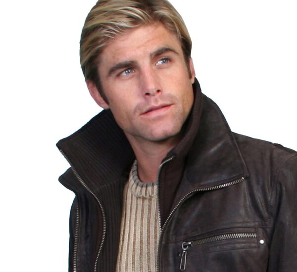 A man wearing a Mens Scully Cafe Leather Double Collar Frontier Jacket Big Tall.