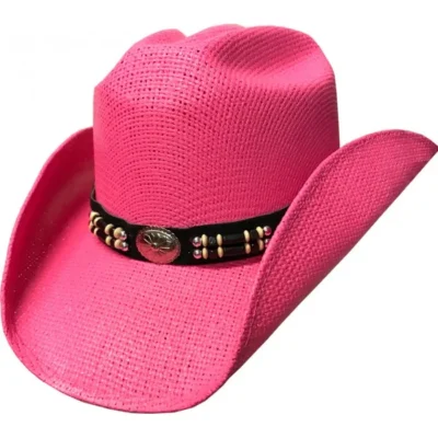 A Cowgirl Jr Hot Pink Straw Concho Band Kids Cowboy hat on a white background.
