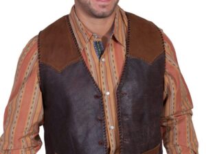 A man wearing a Mens Scully 2 Tone Expresso Brown Suede Western Vest.
