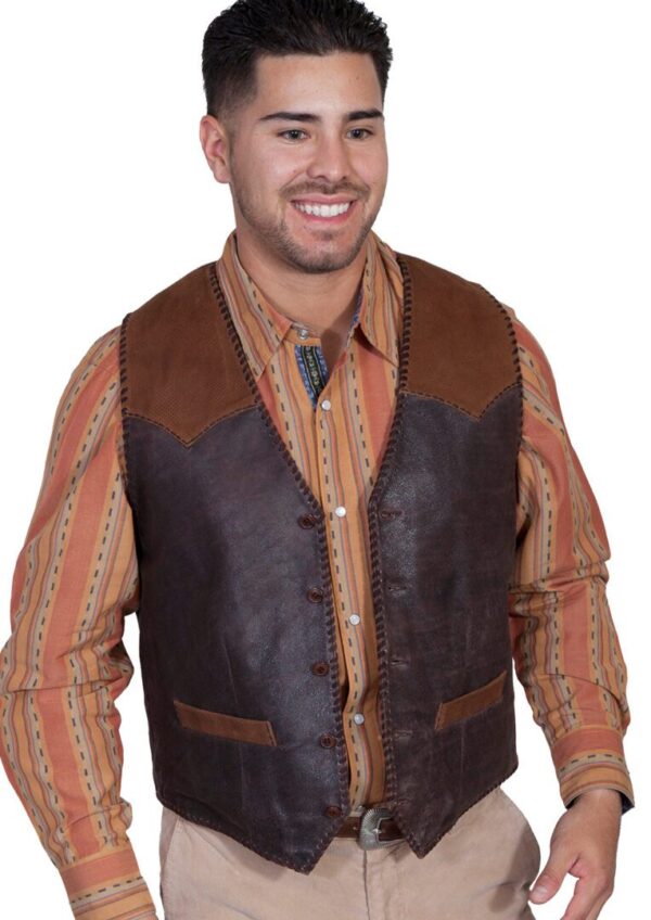 A man wearing a Mens Scully 2 Tone Expresso Brown Suede Western Vest.