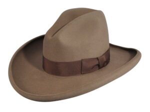 A "Clayton" Frontier 4X Brown Wool Cowboy Hat USA MADE on a white background.
