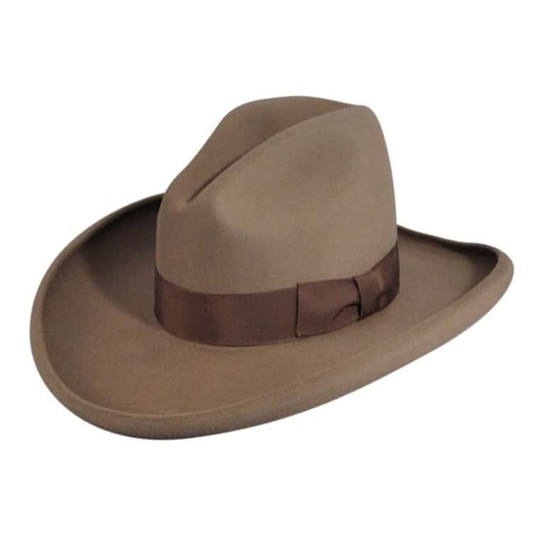 A "Clayton" Frontier 4X Brown Wool Cowboy Hat USA MADE on a white background.