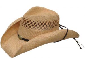 A Natural Vented Straw Rafia cowboy hat on a white background.