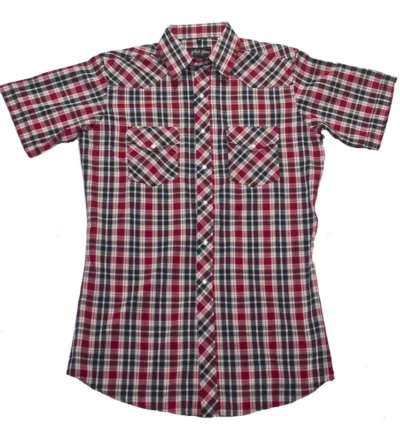 Men's Red and Black Plaid pearl snap Short Sleeve Western Shirt.