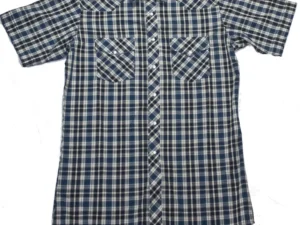 Mens Blue and Black Plaid pearl snap Short Sleeve Shirt