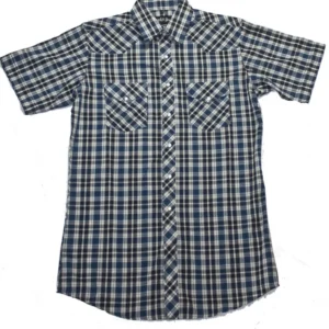 Mens Blue and Black Plaid pearl snap Short Sleeve Shirt