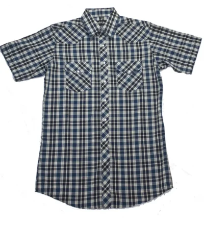 Mens Blue and Black Plaid pearl snap Short Sleeve Shirt