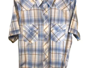 Mens Blue and tan Plaid pearl snap Short Sleeve Shirt