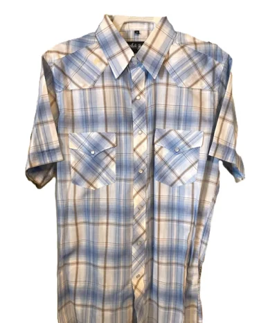 Mens Blue and tan Plaid pearl snap Short Sleeve Shirt