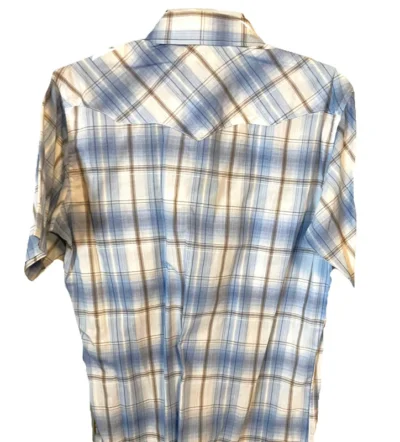 Mens Blue and tan Plaid pearl snap Short Sleeve Shirt