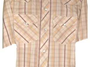 Mens tan Plaid pearl snap Short Sleeve Shirt