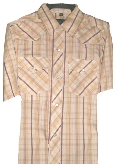 Mens tan Plaid pearl snap Short Sleeve Shirt