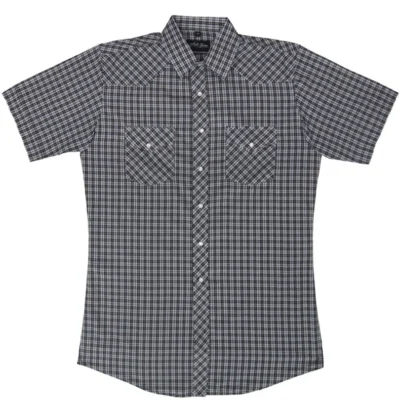 Mens Black Plaid pearl snap Short Sleeve Shirt