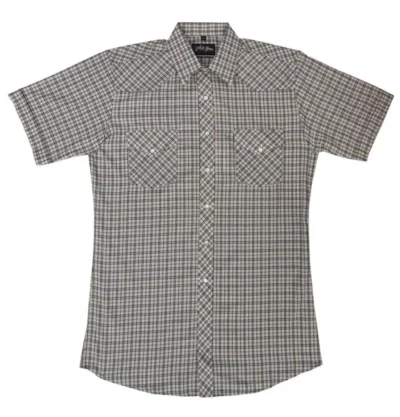 Mens Black Plaid pearl snap Short Sleeve Shirt