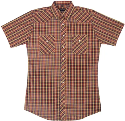 Mens Blue and Gold Plaid Short Sleeve Pearl Snap Shirt