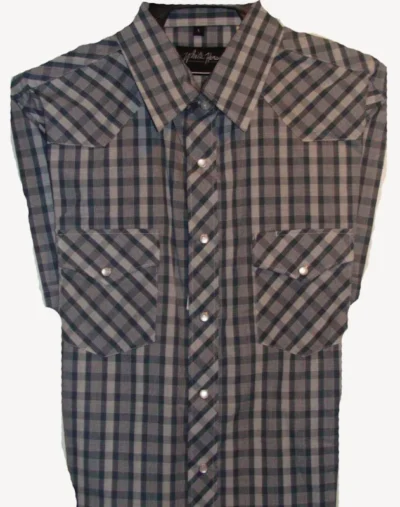 Mens Black Plaid pearl snap Short Sleeve Shirt