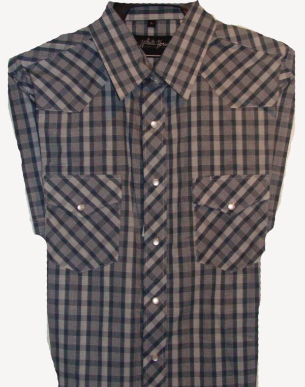 A Mens White & Blue Plaid Short Sleeve Pearl Snap Western Shirt on a white background.