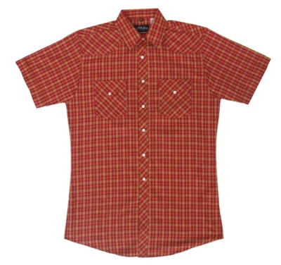 Mens Gold Plaid Short Sleeve Pearl Snap Shirt