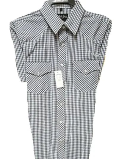 Mens Black Plaid pearl snap Short Sleeve Shirt