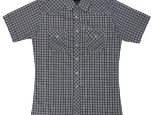 A Men's White Black Plaid Short Sleeve Pearl Snap Western Shirt on a white background.