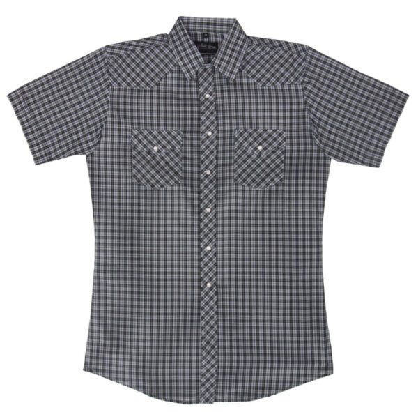 A Men's White Black Plaid Short Sleeve Pearl Snap Western Shirt on a white background.