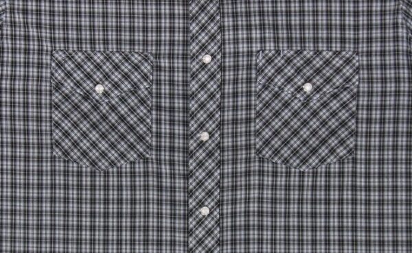 A Mens White Black Plaid Short Sleeve Pearl Snap Western Shirt on a white background.