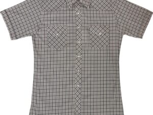 A Men's Tan Black Plaid Short Sleeve Pearl Snap Western Shirt on a white background.