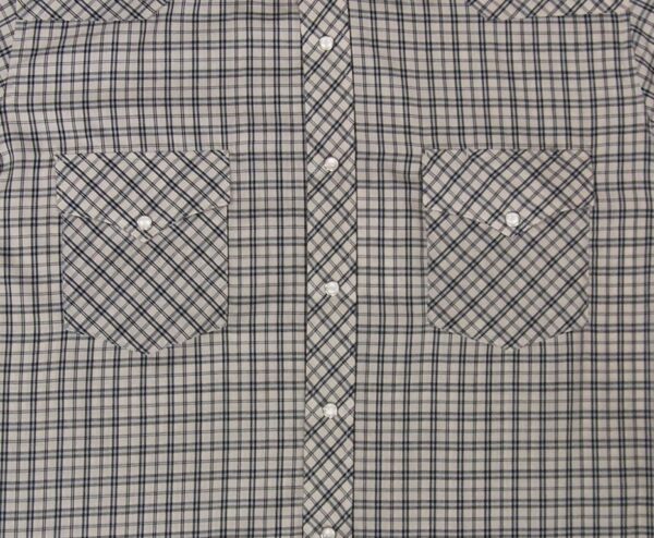 A close up image of a Mens Tan Black Plaid Short Sleeve Pearl Snap Western Shirt.