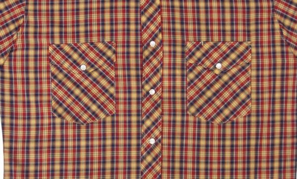 A red, brown and Mens Blue & Gold Plaid Short Sleeve Pearl Snap Western Shirt.