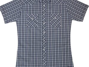 A men's Mens White & Blue Plaid Short Sleeve Pearl Snap Western Shirt.