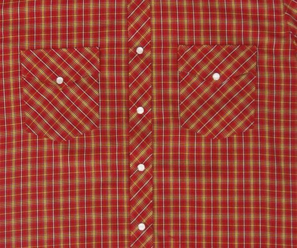 A Mens Blue Gold Red Plaid Short Sleeve Pearl Snap Western Shirt on a white background.