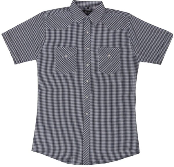 A Mens Black Plaid Short Sleeve Pearl Snap Western Shirt with a checkered pattern.