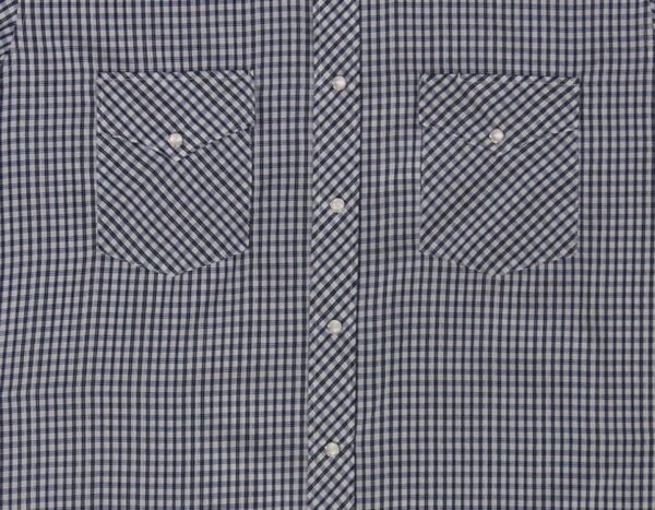 A Men's Black Plaid Short Sleeve Pearl Snap Western Shirt on a white background.