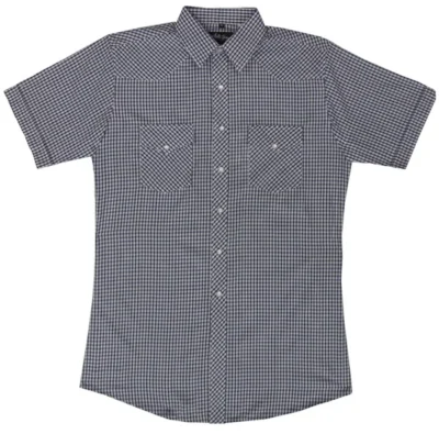 Mens Black Plaid pearl snap Short Sleeve Shirt