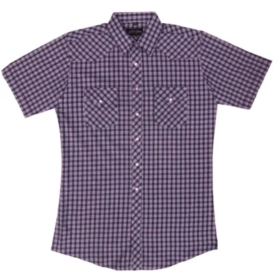 Mens purple Plaid pearl snap Short Sleeve Shirt