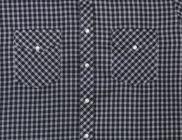A Mens Navy Blue Plaid Short Sleeve Pearl Snap Western Shirt on a white background.