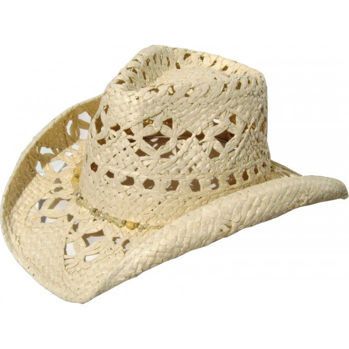 A ladies tan beaded toyo straw cowgirl hat on a white background.