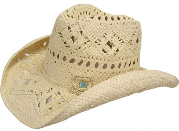 A Women's Tan Flower Toyo Straw Cowgirl Hat on a white background.