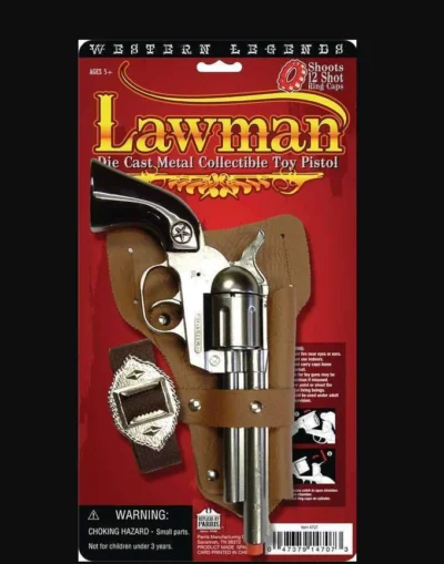 THE LAWMAN Die Cast Metal Toy Gun <ul style="list-style: square inside none;"> <li>Metal workings</li> <li>13 oz</li> <li>TAKES RING CAPS</li> </ul>   •