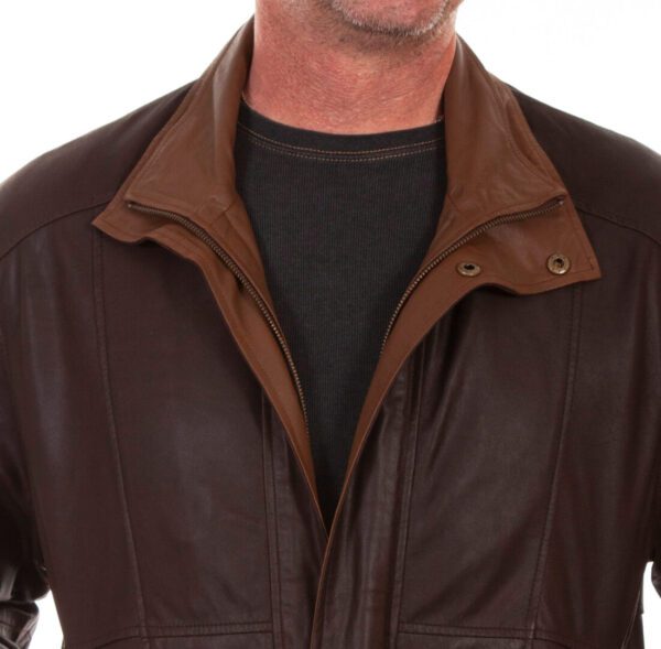 A man wearing a Mens Scully Cognac Featherlite Leather Double Collar Jacket.