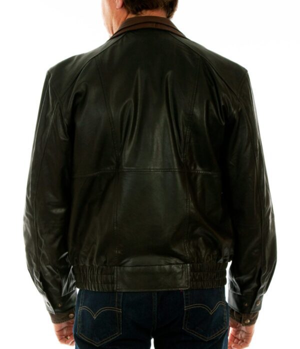 The back view of a man wearing a Mens Scully Black Featherlite Leather Double Collar Jacket.